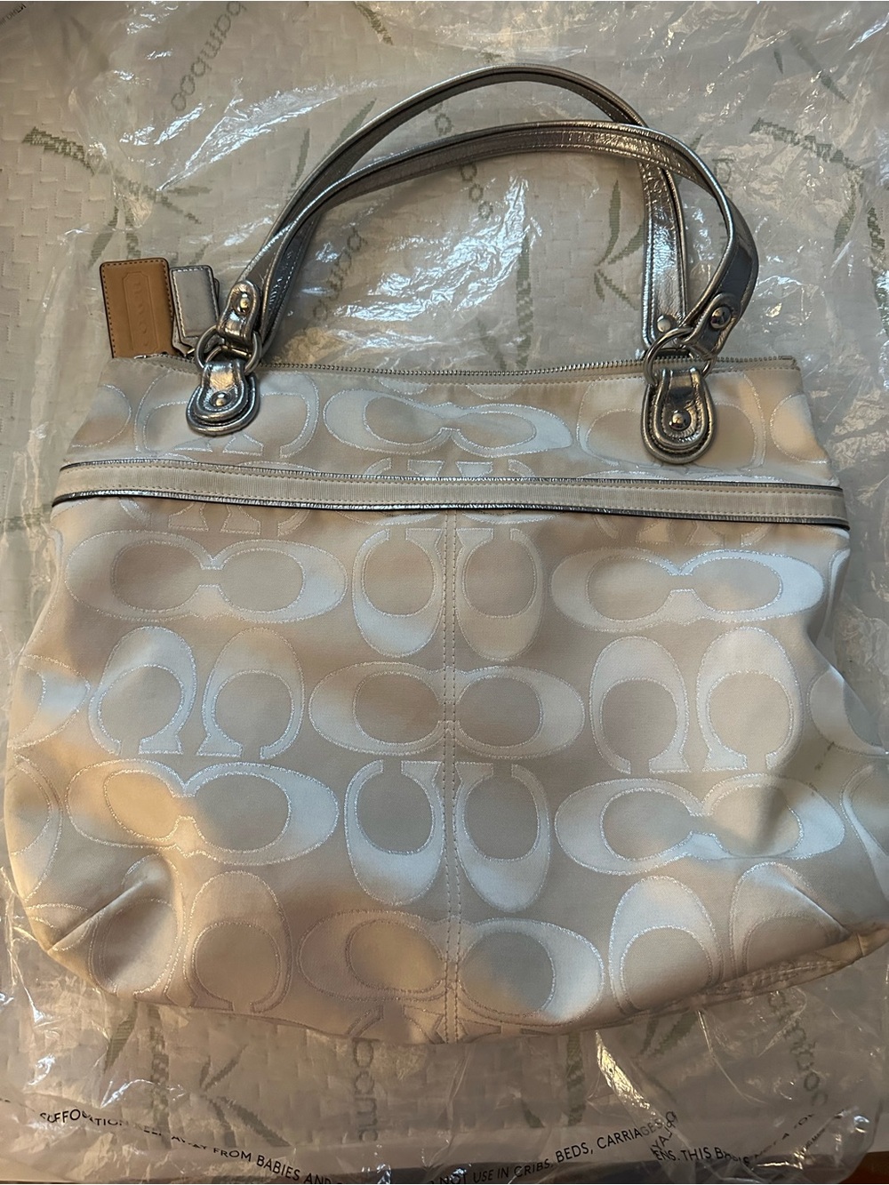Coach Ivory Signature Shoulder Bag with Metallic Trim